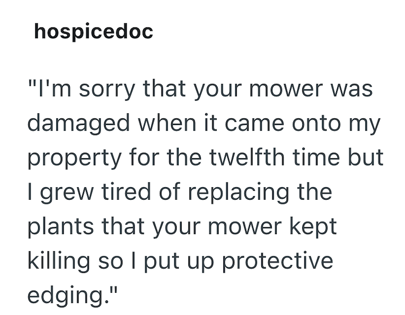 hospicedoc "I'm sorry that your mower was damaged when it came onto my property for the twelfth time but I grew tired of replacing the plants that your mower kept killing so I put up protective edging."