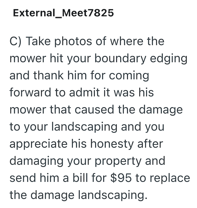 External_Meet7825 C) Take photos of where the mower hit your boundary edging and thank him for coming forward to admit it was his mower that caused the damage to your landscaping and you appreciate his honesty after damaging your property and send him a bill for $95 to replace the damage landscaping.
