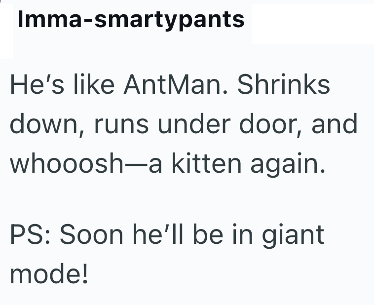 Imma-smartypants He's like AntMan. Shrinks down, runs under door, and whooosh-a kitten again. PS: Soon he'll be in giant mode!