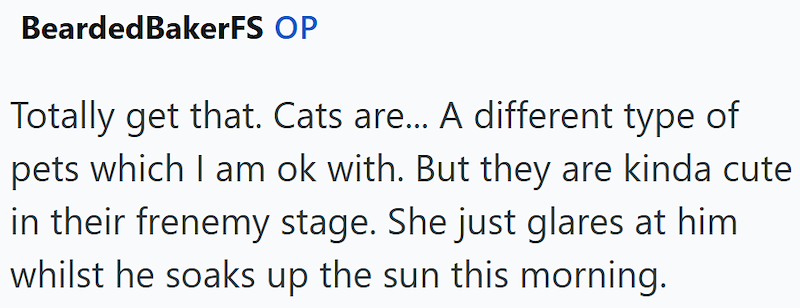 Bearded BakerFS OP Totally get that. Cats are... A different type of pets which I am ok with. But they are kinda cute in their frenemy stage. She just glares at him whilst he soaks up the sun this morning.