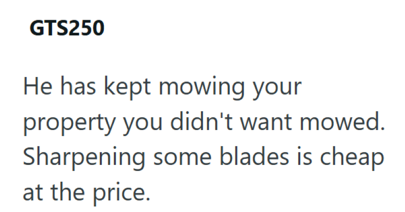 GTS250 He has kept mowing your property you didn't want mowed. Sharpening some blades is cheap at the price.