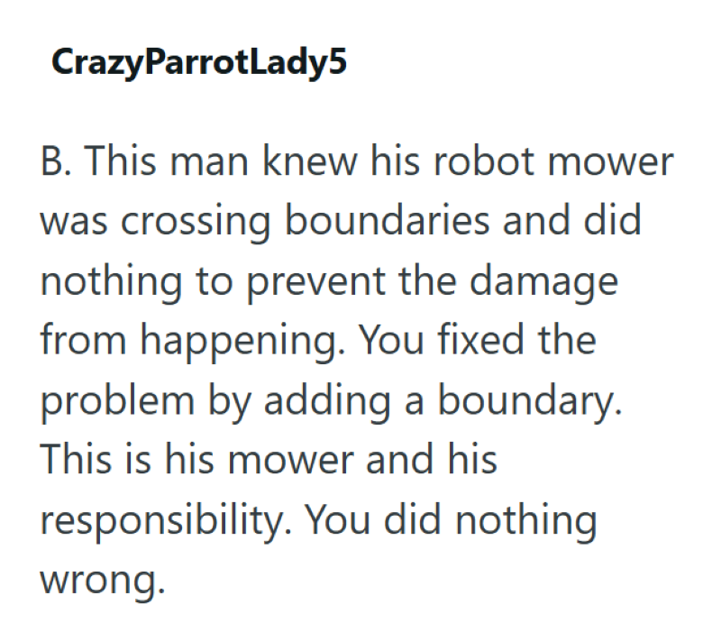 CrazyParrotLady5 B. This man knew his robot mower was crossing boundaries and did nothing to prevent the damage from happening. You fixed the problem by adding a boundary. This is his mower and his responsibility. You did nothing wrong.