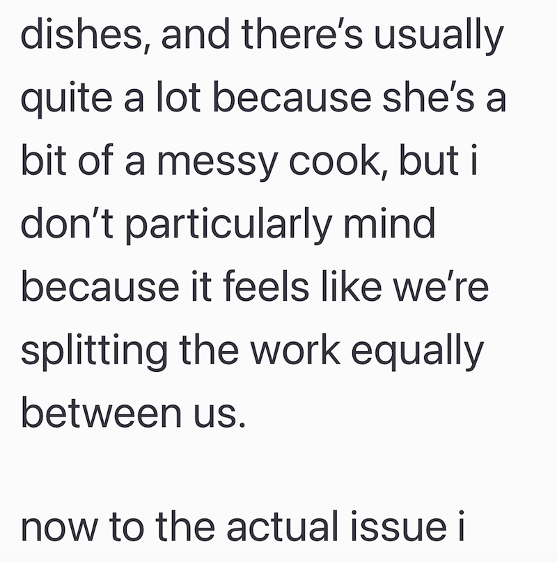 dishes, and there's usually quite a lot because she's a bit of a messy cook, but i don't particularly mind because it feels like we're splitting the work equally between us. now to the actual issue i