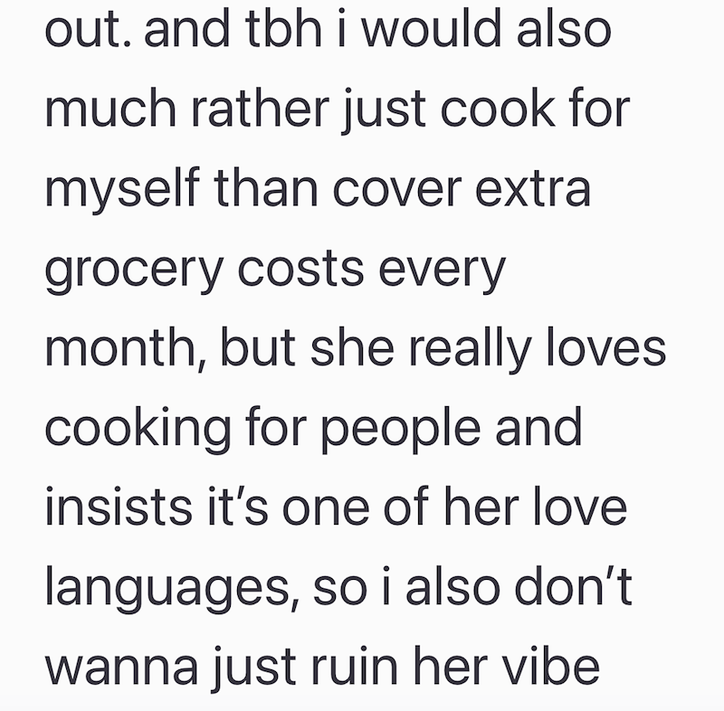 out. and tbh i would also much rather just cook for myself than cover extra grocery costs every month, but she really loves cooking for people and insists it's one of her love languages, so i also don't wanna just ruin her vibe