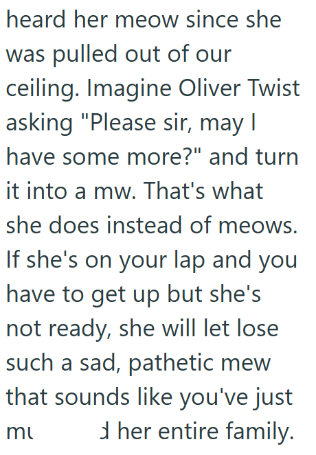 heard her meow since she was pulled out of our ceiling. Imagine Oliver Twist asking "Please sir, may I have some more?" and turn it into a mw. That's what she does instead of meows. If she's on your lap and you have to get up but she's not ready, she will let lose such a sad, pathetic mew that sounds like you've just ml d her entire family.