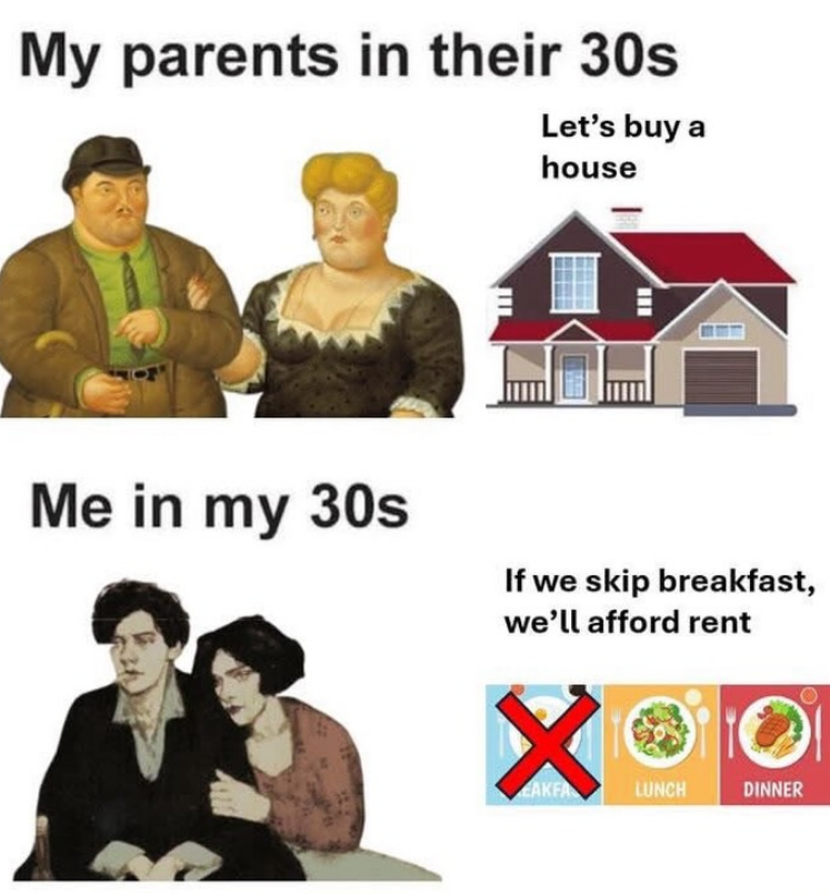 My parents in their 30s Let's buy a house Me in my 30s If we skip breakfast, we'll afford rent ☑ EAKFA LUNCH DINNER