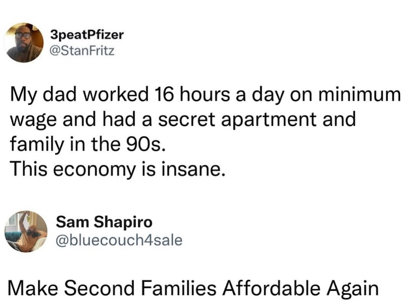 3peatPfizer @StanFritz My dad worked 16 hours a day on minimum wage and had a secret apartment and family in the 90s. This economy is insane. Sam Shapiro @bluecouch4sale Make Second Families Affordable Again