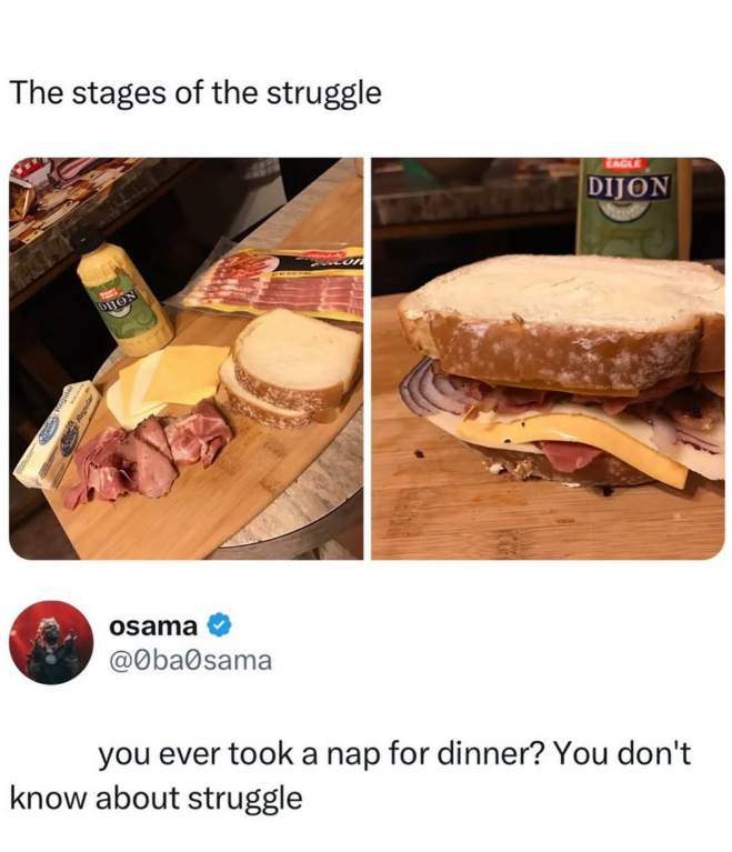 The stages of the struggle DHON osama @0ba0sama DIJON you ever took a nap for dinner? You don't know about struggle