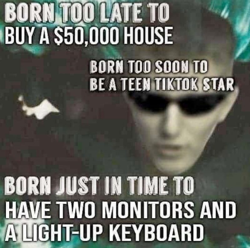 BORN TOO LATE TO BUY A $50,000 HOUSE BORN TOO SOON TO BE A TEEN TIKTOK STAR BORN JUST IN TIME TO HAVE TWO MONITORS AND A LIGHT-UP KEYBOARD