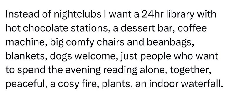 Instead of nightclubs I want a 24hr library with hot chocolate stations, a dessert bar, coffee machine, big comfy chairs and beanbags, blankets, dogs welcome, just people who want to spend the evening reading alone, together, peaceful, a cosy fire, plants, an indoor waterfall.