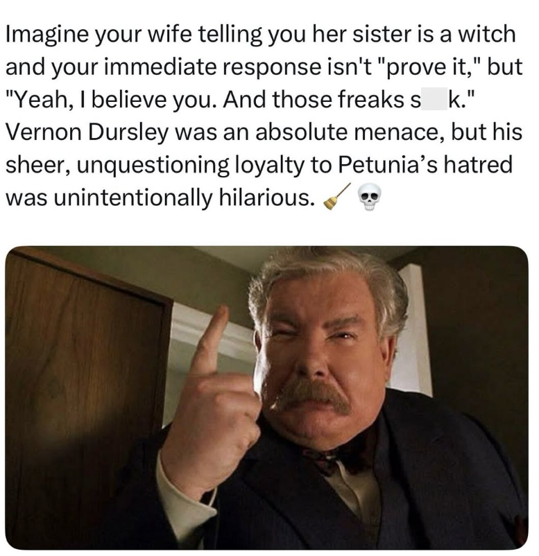 Imagine your wife telling you her sister is a witch and your immediate response isn't "prove it," but "Yeah, I believe you. And those freaks sk." Vernon Dursley was an absolute menace, but his sheer, unquestioning loyalty to Petunia's hatred was unintentionally hilarious.