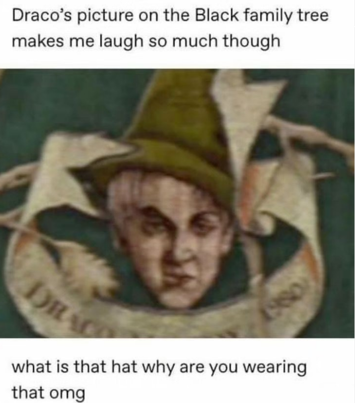 Draco's picture on the Black family tree makes me laugh so much though DRAC (980) what is that hat why are you wearing that omg