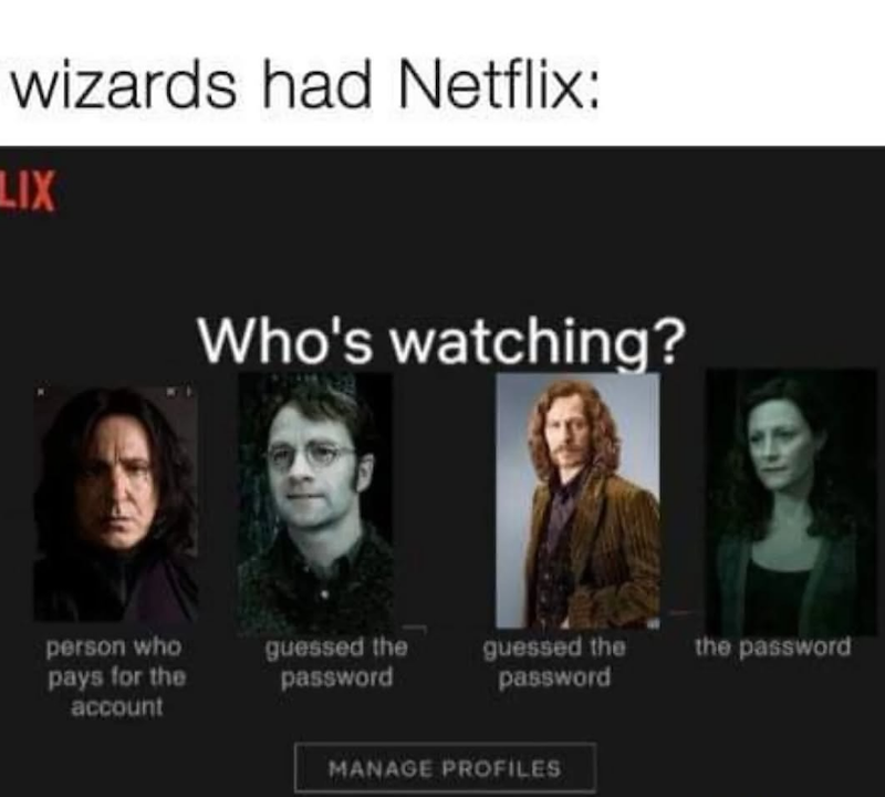 wizards had Netflix: LIX Who's watching? person who pays for the account guessed the guessed the the password password password MANAGE PROFILES