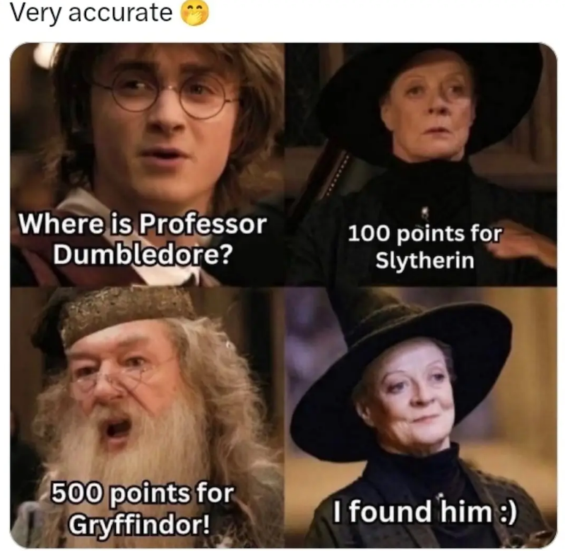 Very accurate Where is Professor Dumbledore? 100 points for Slytherin 500 points for Gryffindor! I found him :)