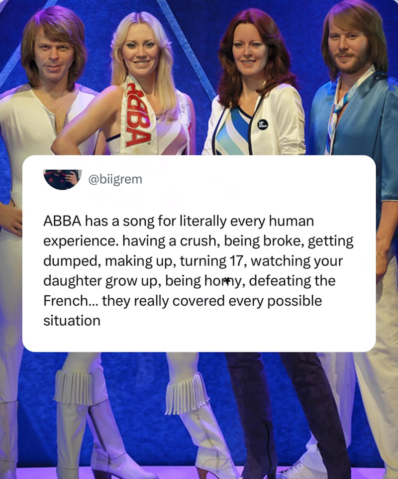 BA @biigrem ABBA has a song for literally every human experience. having a crush, being broke, getting dumped, making up, turning 17, watching your daughter grow up, being homy, defeating the French... they really covered every possible situation