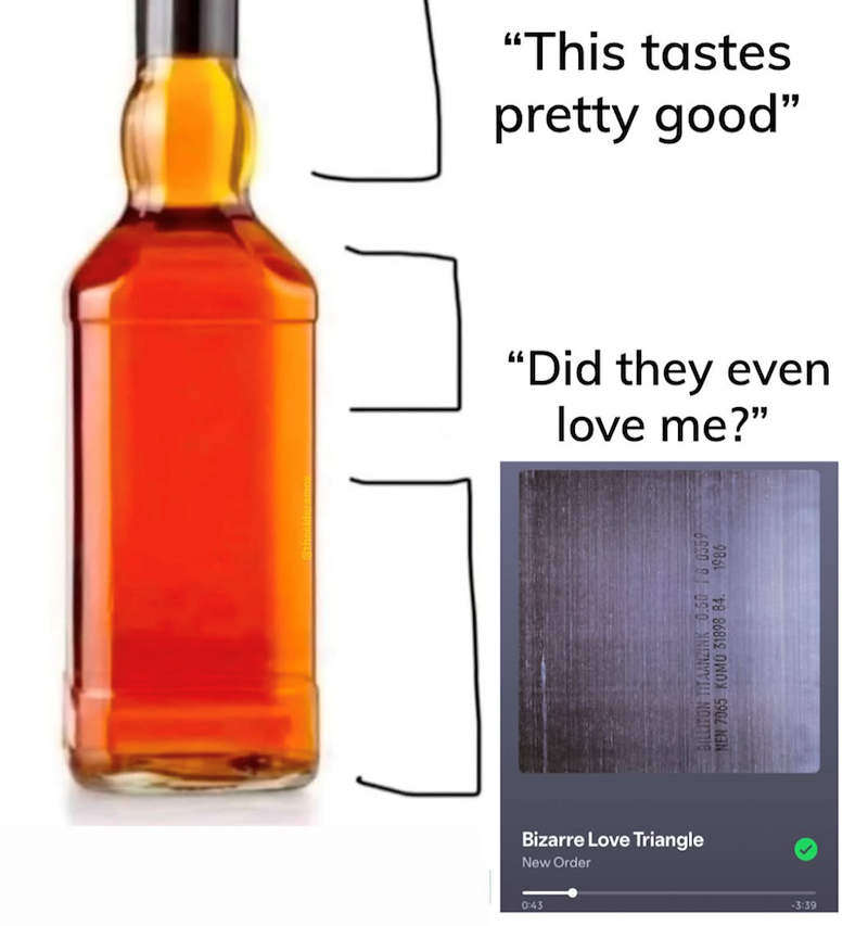 "This tastes pretty good" "Did they even love me?" Bizarre Love Triangle New Order 0:43 BILLITON TITAANZINK 0.50 18 0359 NEN 7065 KOMO 31898 84. 1986 -3:39