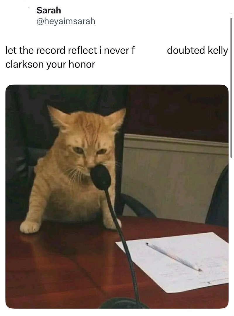 Sarah @heyaimsarah let the record reflect i never f clarkson your honor doubted kelly