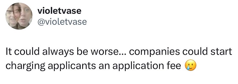 violetvase @violetvase It could always be worse... companies could start charging applicants an application fee C④::