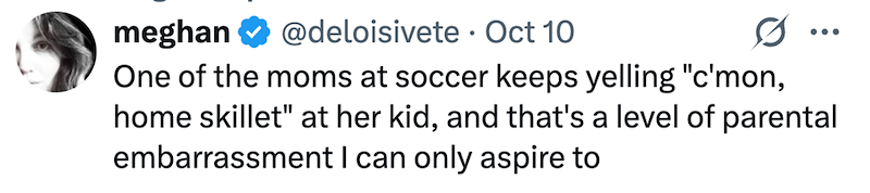 meghan @deloisivete · Oct 10 One of the moms at soccer keeps yelling "c'mon, ... home skillet" at her kid, and that's a level of parental embarrassment I can only aspire to