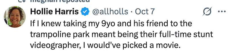 Hollie Harris @allholls Oct 7 . If I knew taking my 9yo and his friend to the trampoline park meant being their full-time stunt videographer, I would've picked a movie. ...
