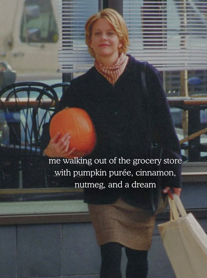 me walking out of the grocery store with pumpkin purée, cinnamon, nutmeg, and a dream