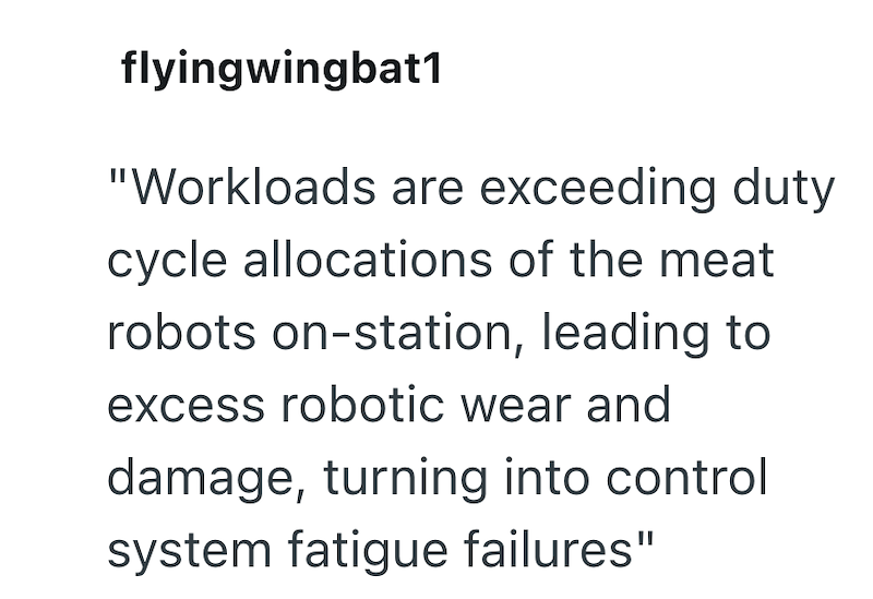 flyingwingbat1 "Workloads are exceeding duty cycle allocations of the meat robots on-station, leading to excess robotic wear and damage, turning into control system fatigue failures"