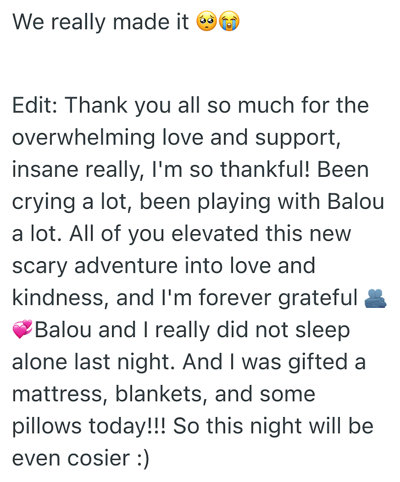 We really made it Edit: Thank you all so much for the overwhelming love and support, insane really, I'm so thankful! Been crying a lot, been playing with Balou a lot. All of you elevated this new scary adventure into love and kindness, and I'm forever grateful Balou and I really did not sleep alone last night. And I was gifted a mattress, blankets, and some pillows today!!! So this night will be even cosier :)