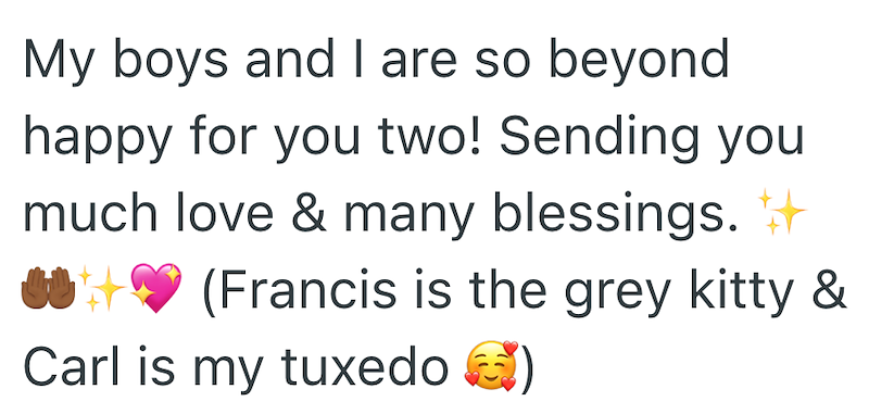 My boys and I are so beyond happy for you two! Sending you much love & many blessings. (Francis is the grey kitty & ) Carl is my tuxedo