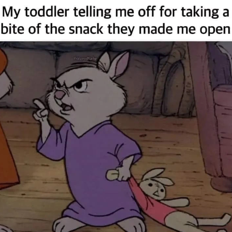My toddler telling me off for taking a bite of the snack they made me open Princess Marlye G C