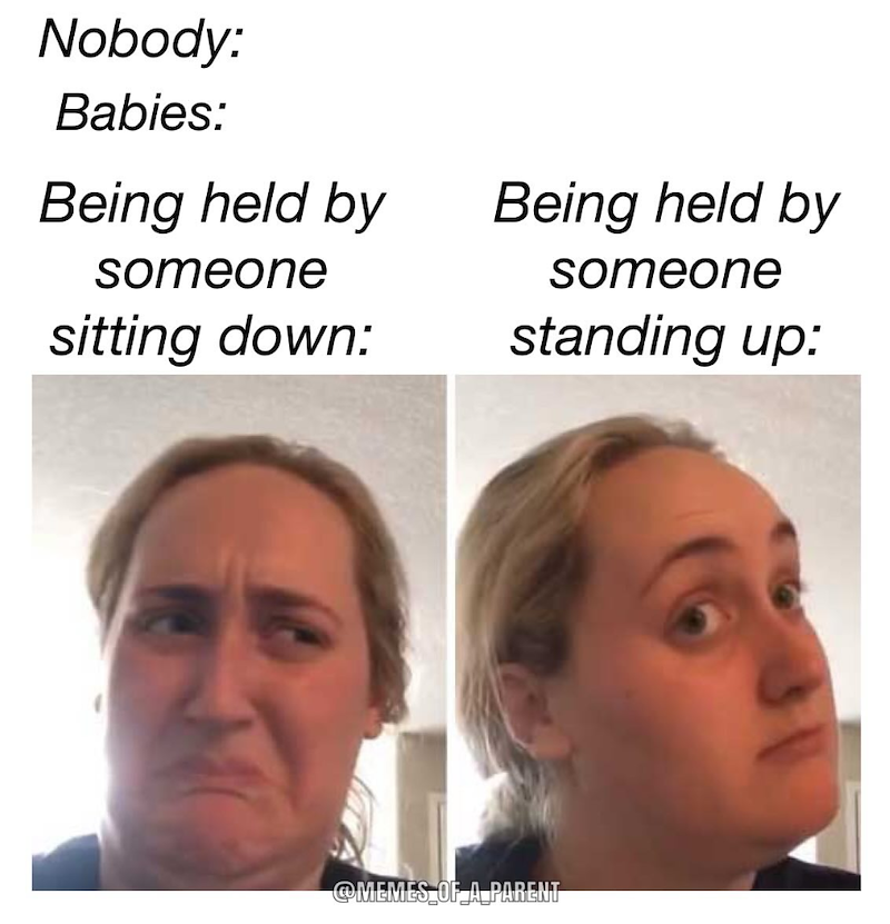 Nobody: Babies: Being held by someone Being held by someone sitting down: standing up: MEMES OF A PARENT