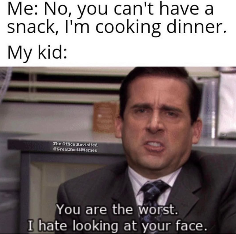Me: No, you can't have a snack, I'm cooking dinner. My kid: The Office Revisited @GreatScottMemes You are the worst. I hate looking at your face.