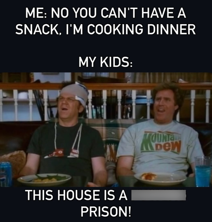 ME: NO YOU CAN'T HAVE A SNACK, I'M COOKING DINNER MY KIDS: THIS HOUSE IS A PRISON! MOUNTA DEW