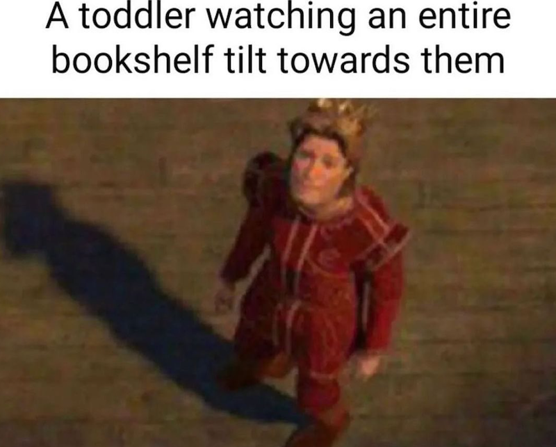 A toddler watching an entire bookshelf tilt towards them