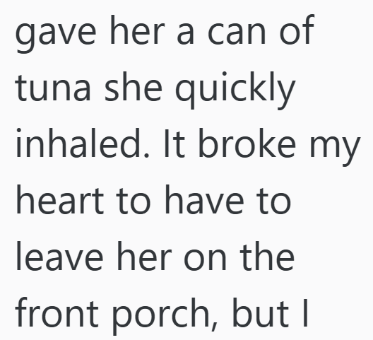 gave her a can of tuna she quickly inhaled. It broke my heart to have to leave her on the front porch, but I