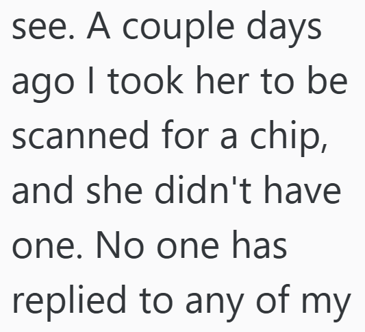 see. A couple days ago I took her to be scanned for a chip, and she didn't have one. No one has replied to any of my
