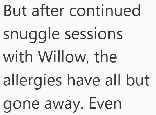 But after continued snuggle sessions with Willow, the allergies have all but gone away. Even