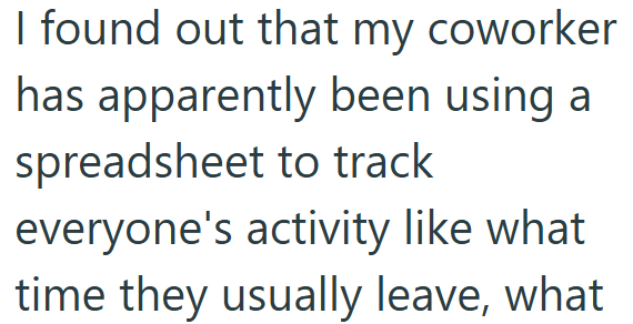I found out that my coworker has apparently been using a spreadsheet to track everyone's activity like what time they usually leave, what
