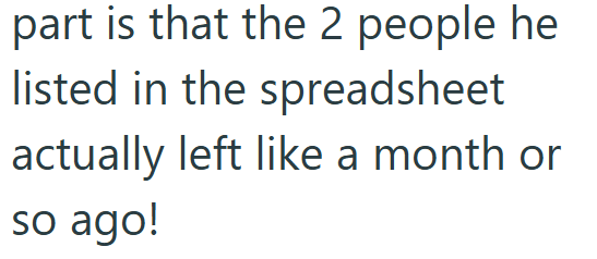 part is that the 2 people he listed in the spreadsheet actually left like a month or so ago!