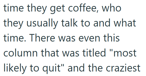 time they get coffee, who they usually talk to and what time. There was even this column that was titled "most likely to quit" and the craziest