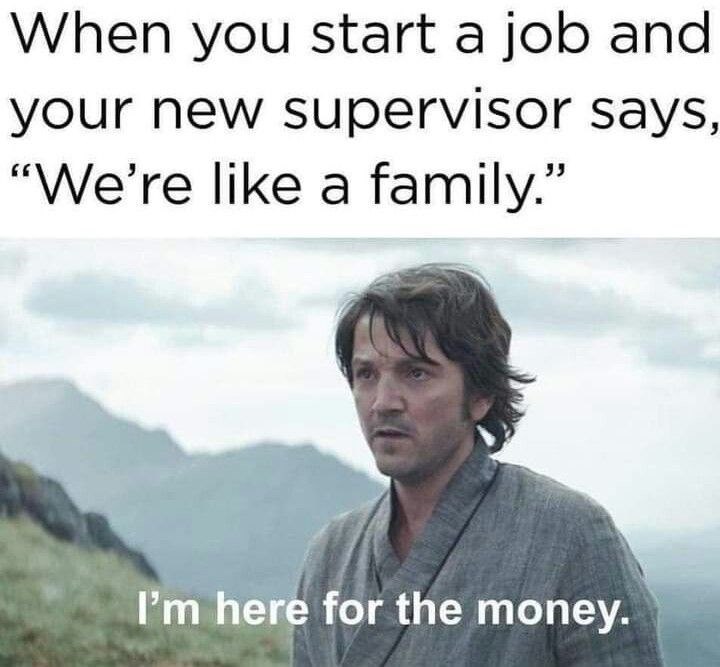 When you start a job and your new supervisor says, "We're like a family." I'm here for the money.