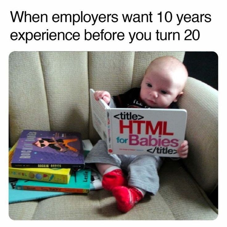 When employers want 10 years experience before you turn 20 ROCK BABES RUGKIN BEDIES Leslie (LL <title> HTML for Babies </title> shams