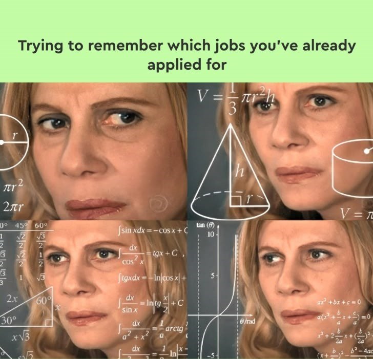 Trying to remember which jobs you've already applied for V== r r πι 2πι 0° 45° 60° 1 √2 √3 2 3√√2 3 m 2x 30° 2 √3 60% |sin xdx = −cosx + C dx COSX tgx+C, Stgxdx=-Incosx+ dx sin x XN Intg +C 2 Lan (6) 10 IS V=T ax² + bx+c=0 a(x e/rad a dx arcig a2+x2 dx In 4ac