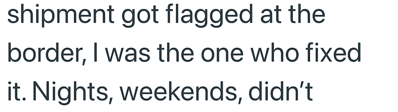 shipment got flagged at the border, I was the one who fixed it. Nights, weekends, didn't
