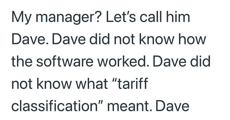 My manager? Let's call him Dave. Dave did not know how the software worked. Dave did not know what "tariff classification" meant. Dave
