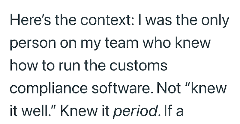 Here's the context: I was the only person on my team who knew how to run the customs compliance software. Not "knew it well." Knew it period. If a