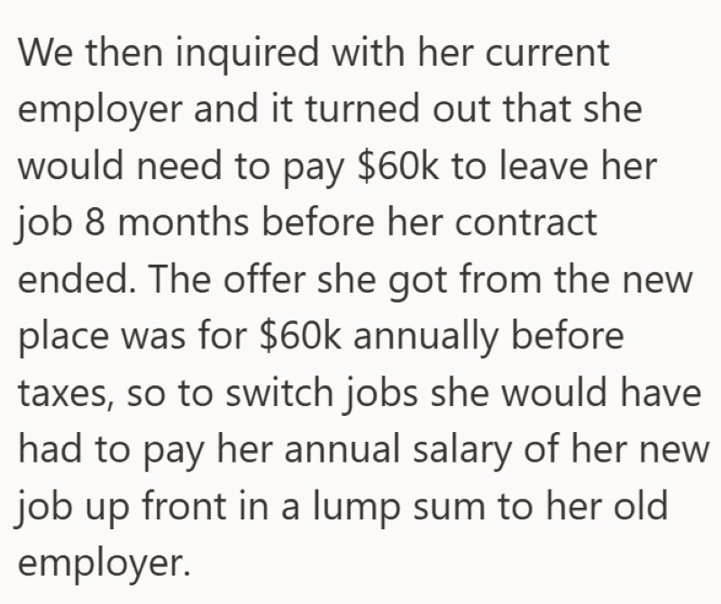 We then inquired with her current employer and it turned out that she would need to pay $60k to leave her job 8 months before her contract ended. The offer she got from the new place was for $60k annually before taxes, so to switch jobs she would have had to pay her annual salary of her new job up front in a lump sum to her old employer.