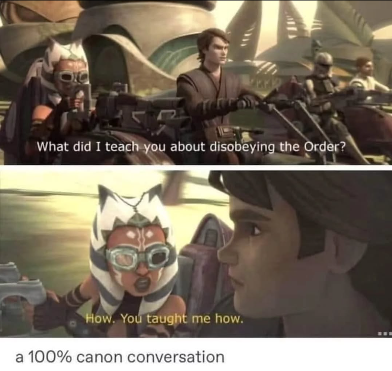What did I teach you about disobeying the Order? How. You taught me how. a 100% canon conversation