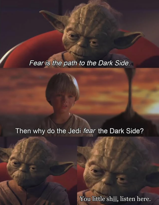 Fear is the path to the Dark Side. Then why do the Jedi fear the Dark Side? You little sh, listen here.