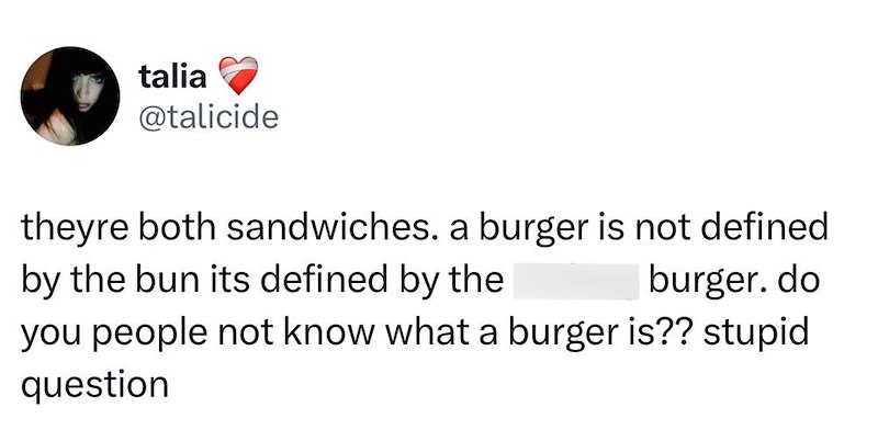 talia @talicide theyre both sandwiches. a burger is not defined by the bun its defined by the burger. do you people not know what a burger is?? stupid question