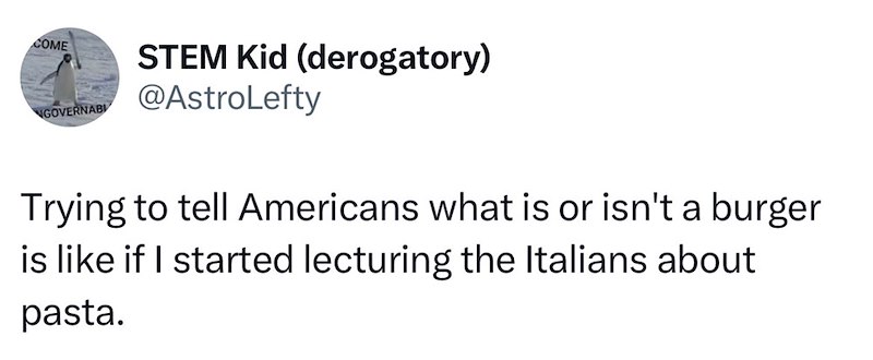 COME NGOVERNABI STEM Kid (derogatory) @AstroLefty Trying to tell Americans what is or isn't a burger is like if I started lecturing the Italians about pasta.